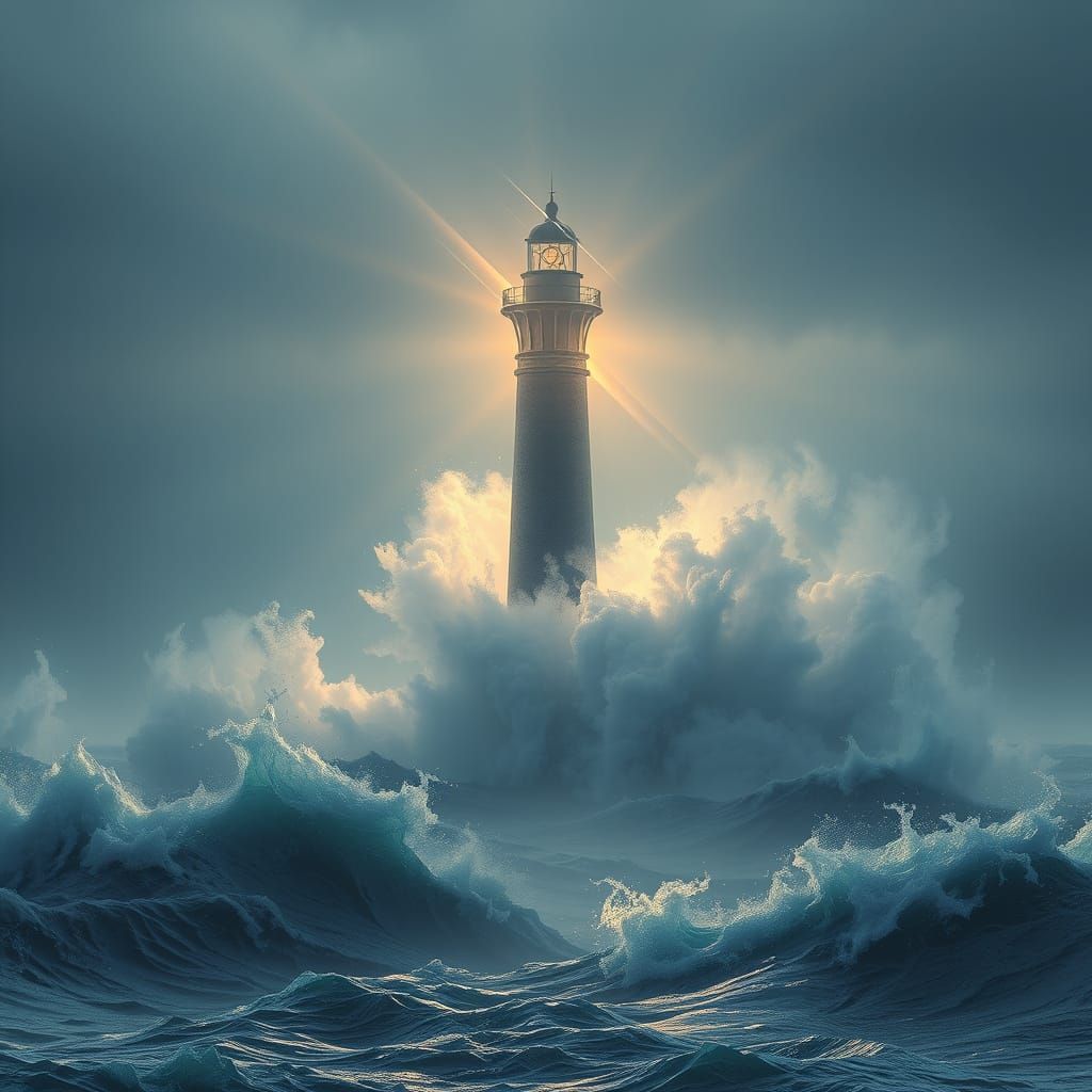 Majestic Light Tower Amidst Crashing Waves