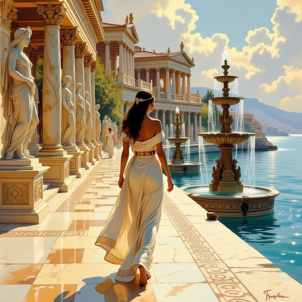 Elegant Woman in Ancient Greek City, Oil Painting