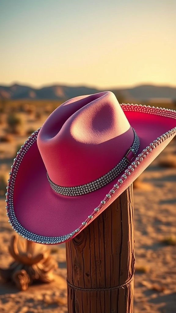 Pink cowboy hat with silver sequined edges