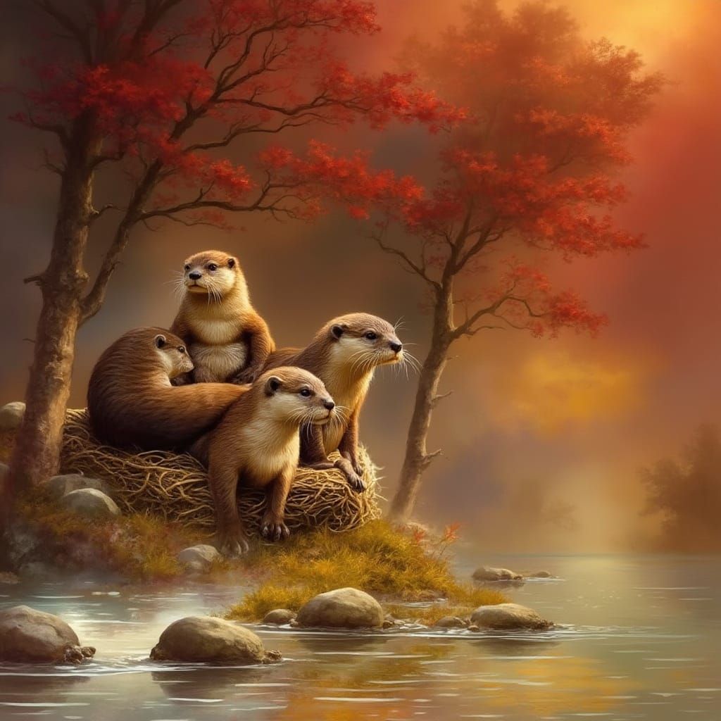 Cozy Family of Otters on Lake Nest