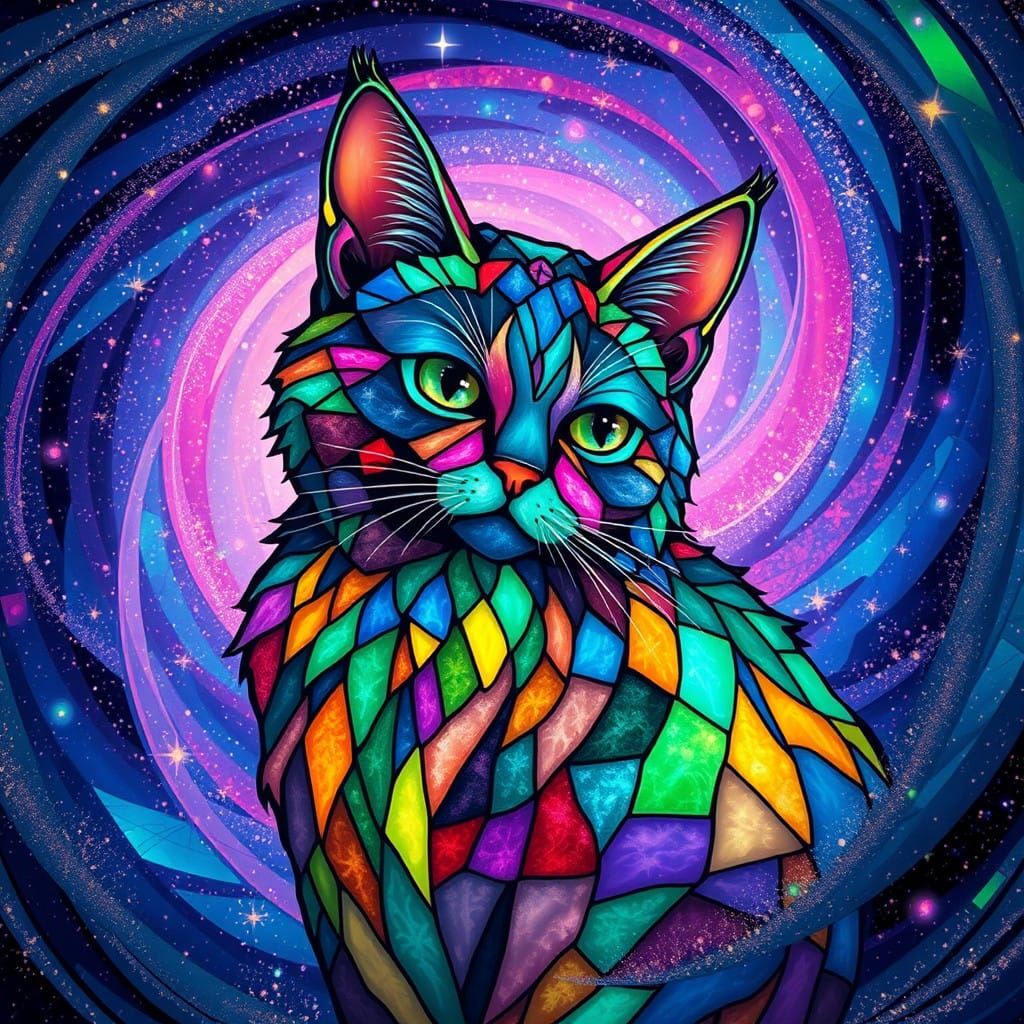 Cosmic Feline Majesty in Vibrant, Iridescent Hues
