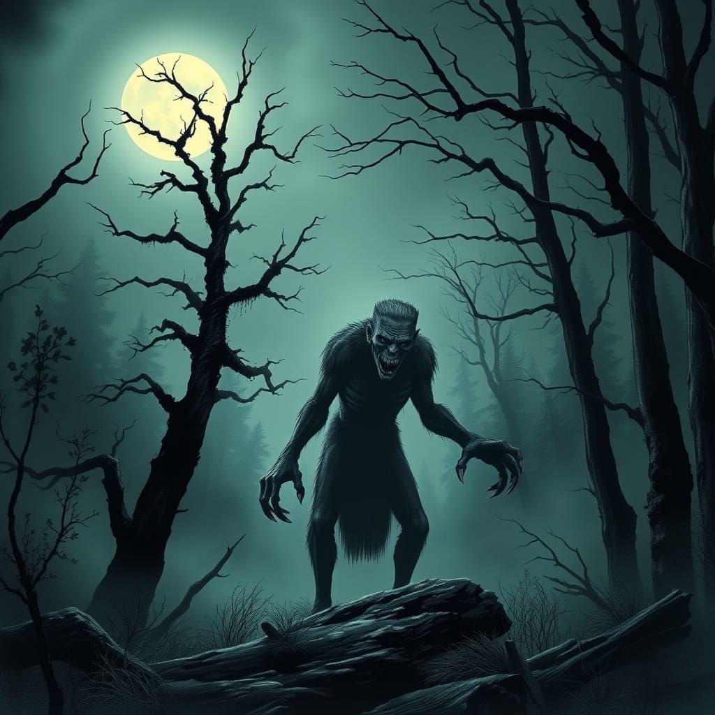 Frankenstein Werewolf in Eerie Forest: Gothic Horror
