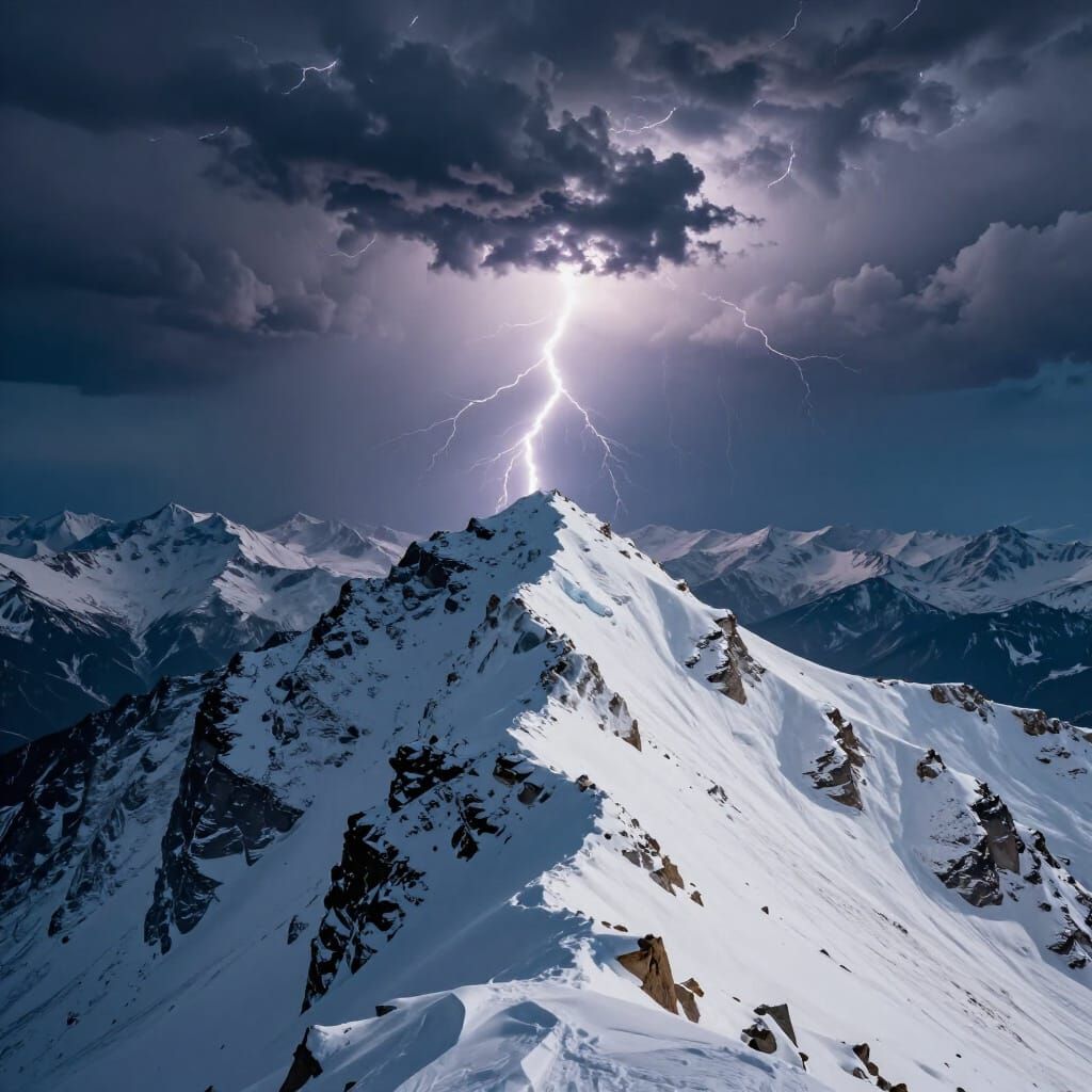 Hyperrealistic Snowy Mountain Summit Overlooking Thunderstor...