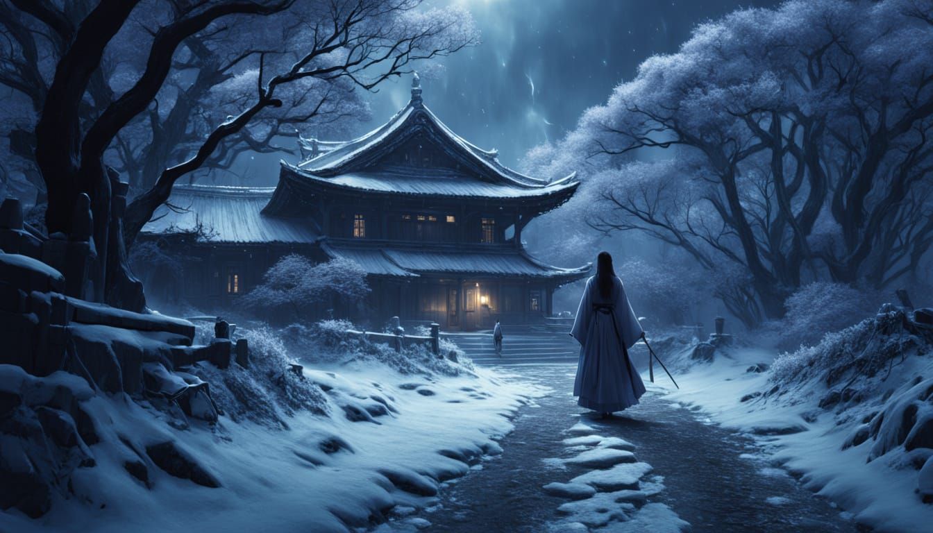 Yuki-Onna in Blizzard: A Dark Fantasy Film Still