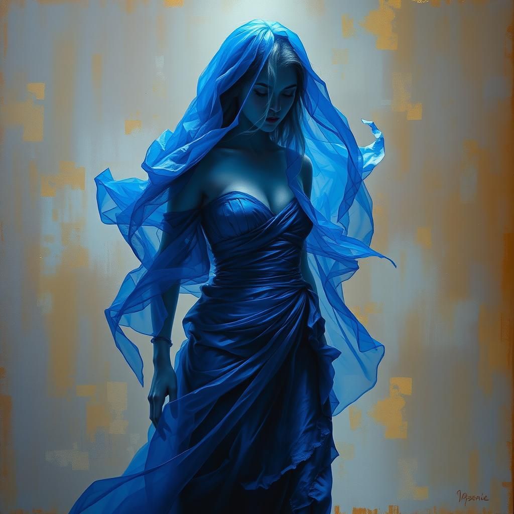 Figure in Blue Dress in Oil Painting Style