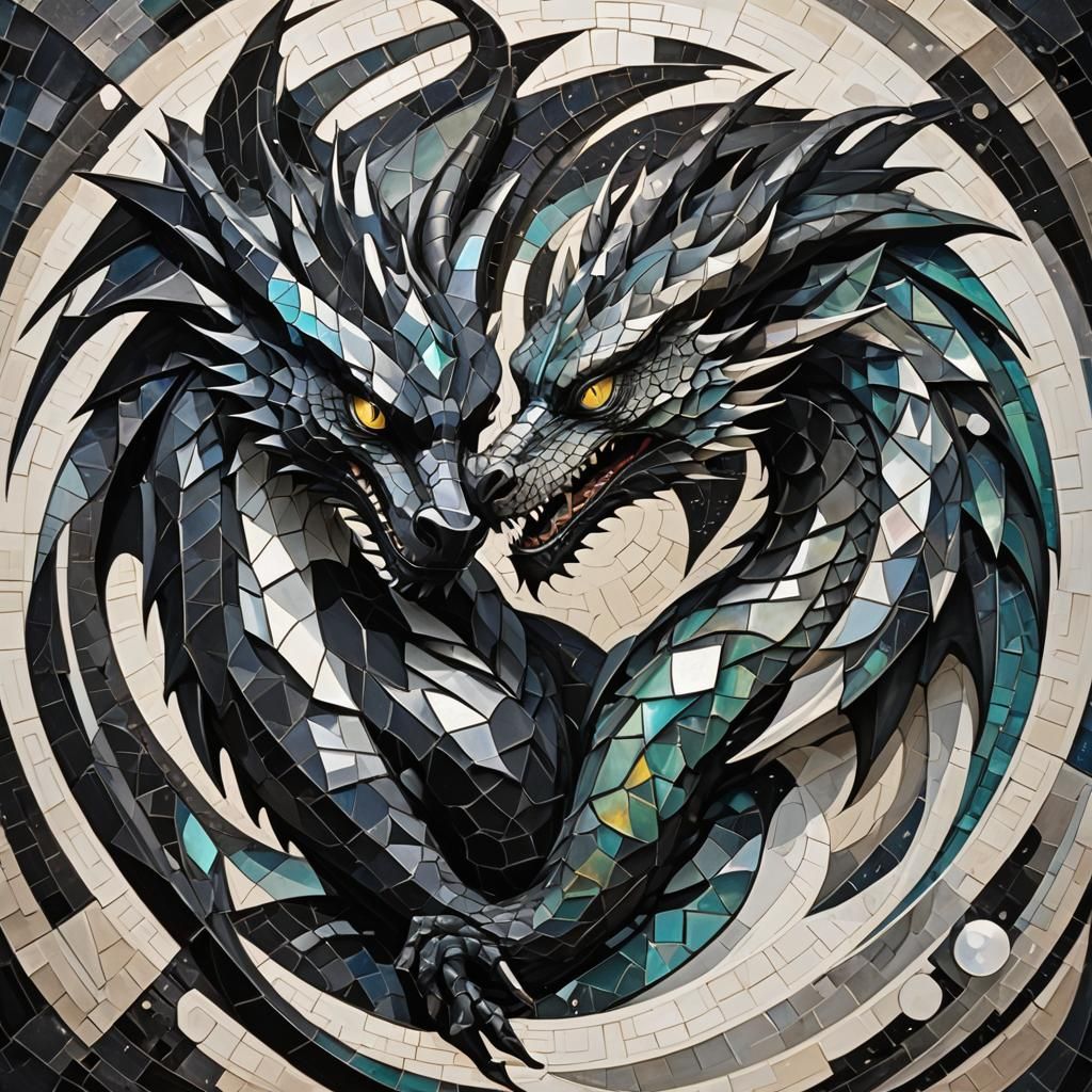 Yin and Yang Dragons in Cubist Style