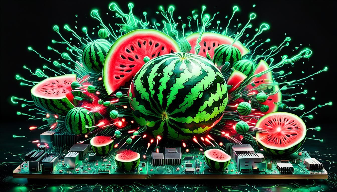 Neon Watermelon Motherboard Explosion: Organic Tech