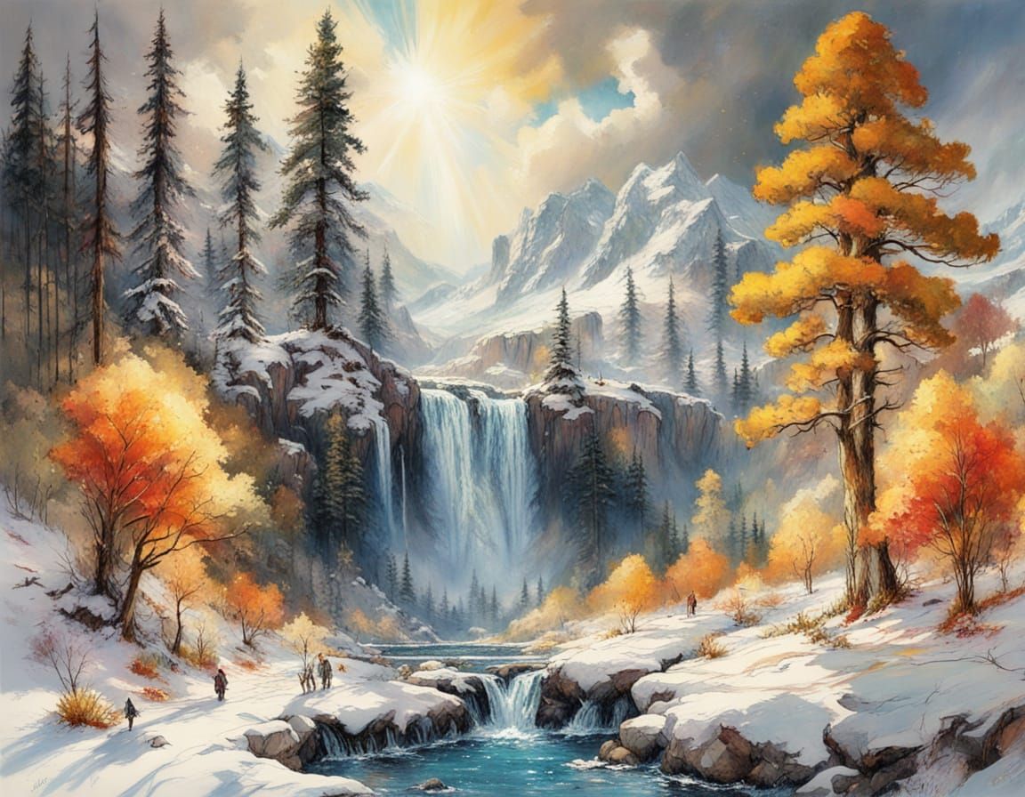 Autumn Waterfall Amidst First Snow in Oil Painting Style