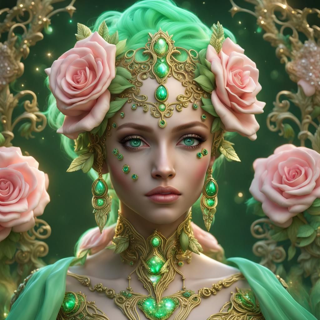 Bioluminescent Rose Goddess with Emerald Eyes