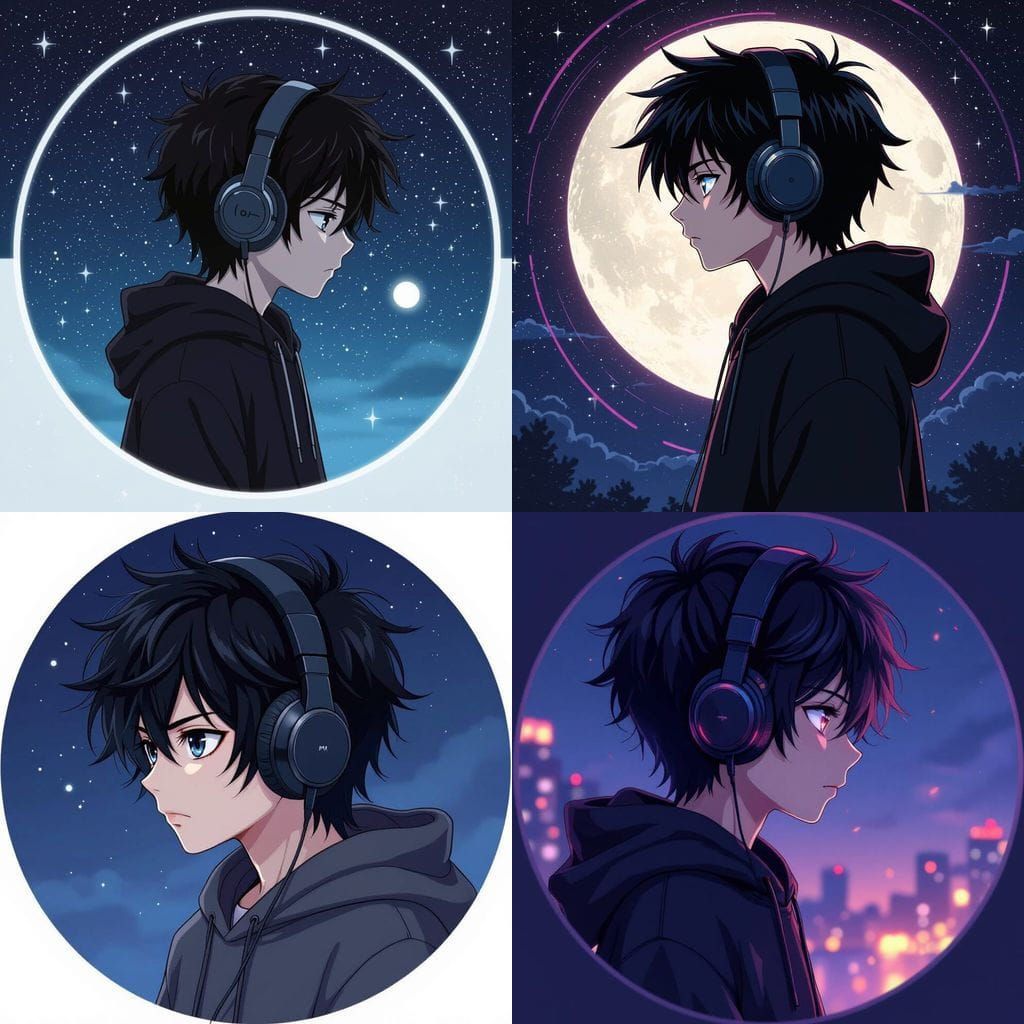 Emo Anime Boy with Hoodie and Headphones at Night