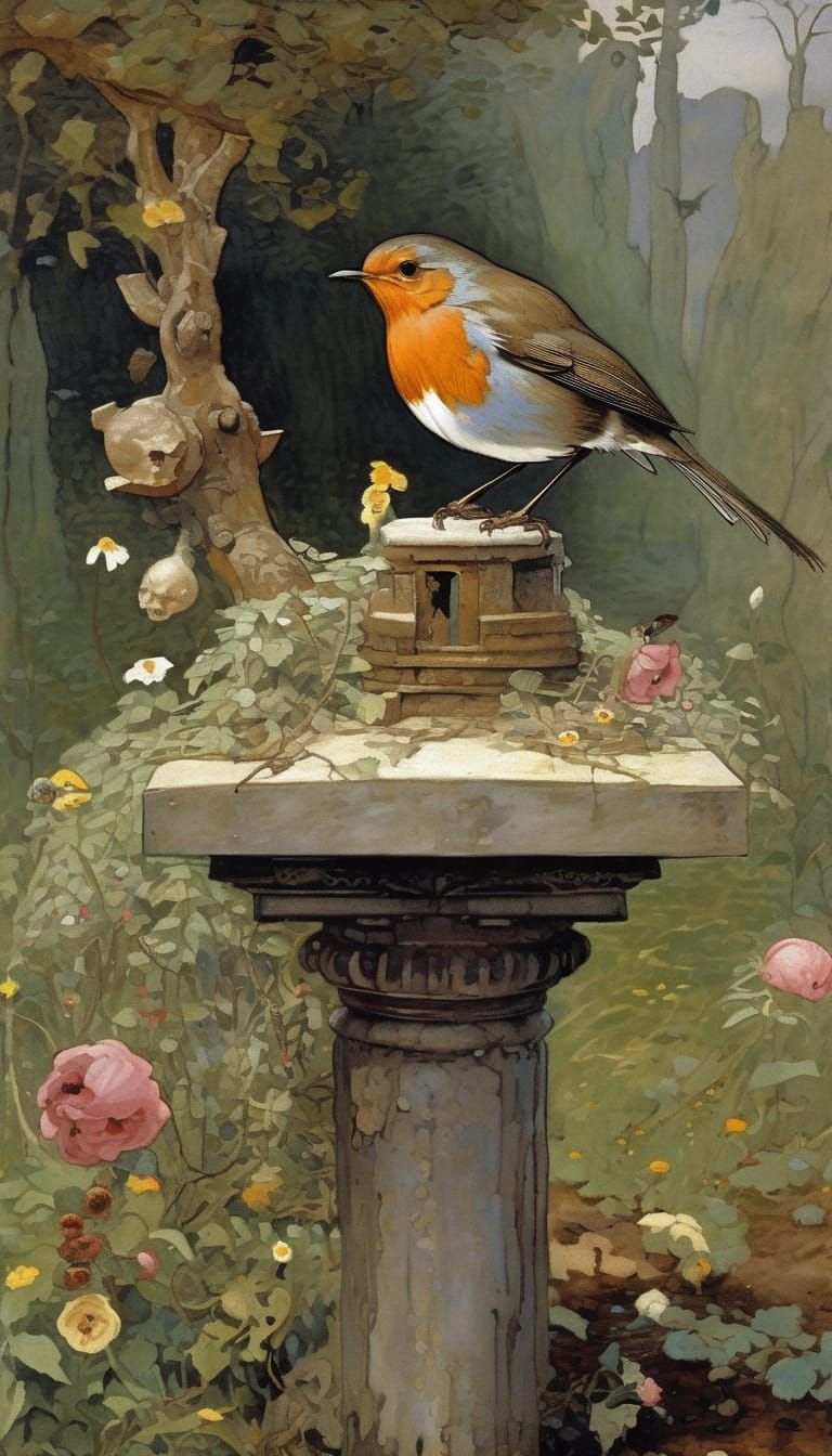 Robin Perched in Withered Garden: Pre-Raphaelite Oil Paintin...