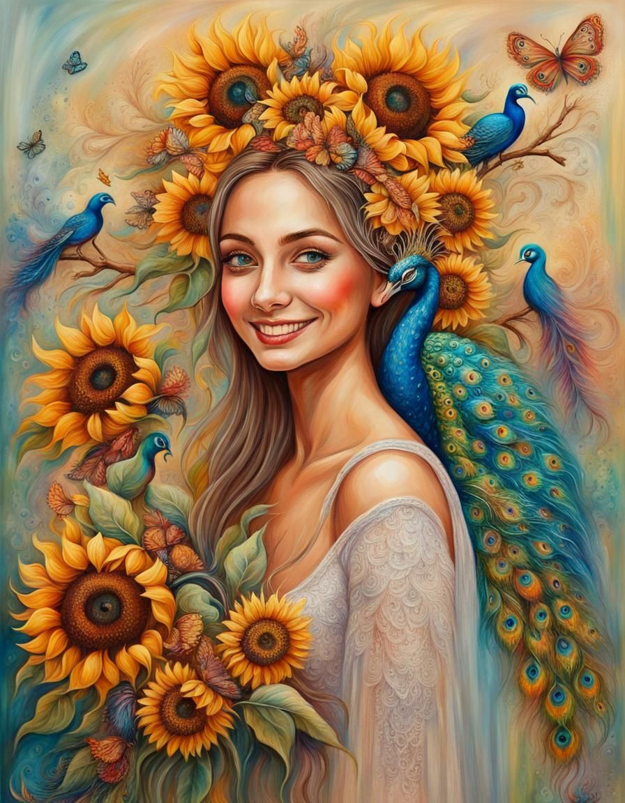 Smiling Bride with Sunflower Bouquet in Pastel Chalk Style