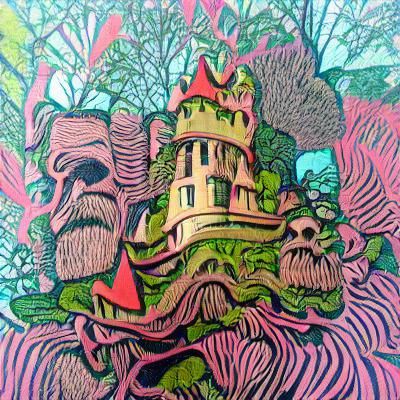 overgrown castle maximalist woodcut psychedelic
