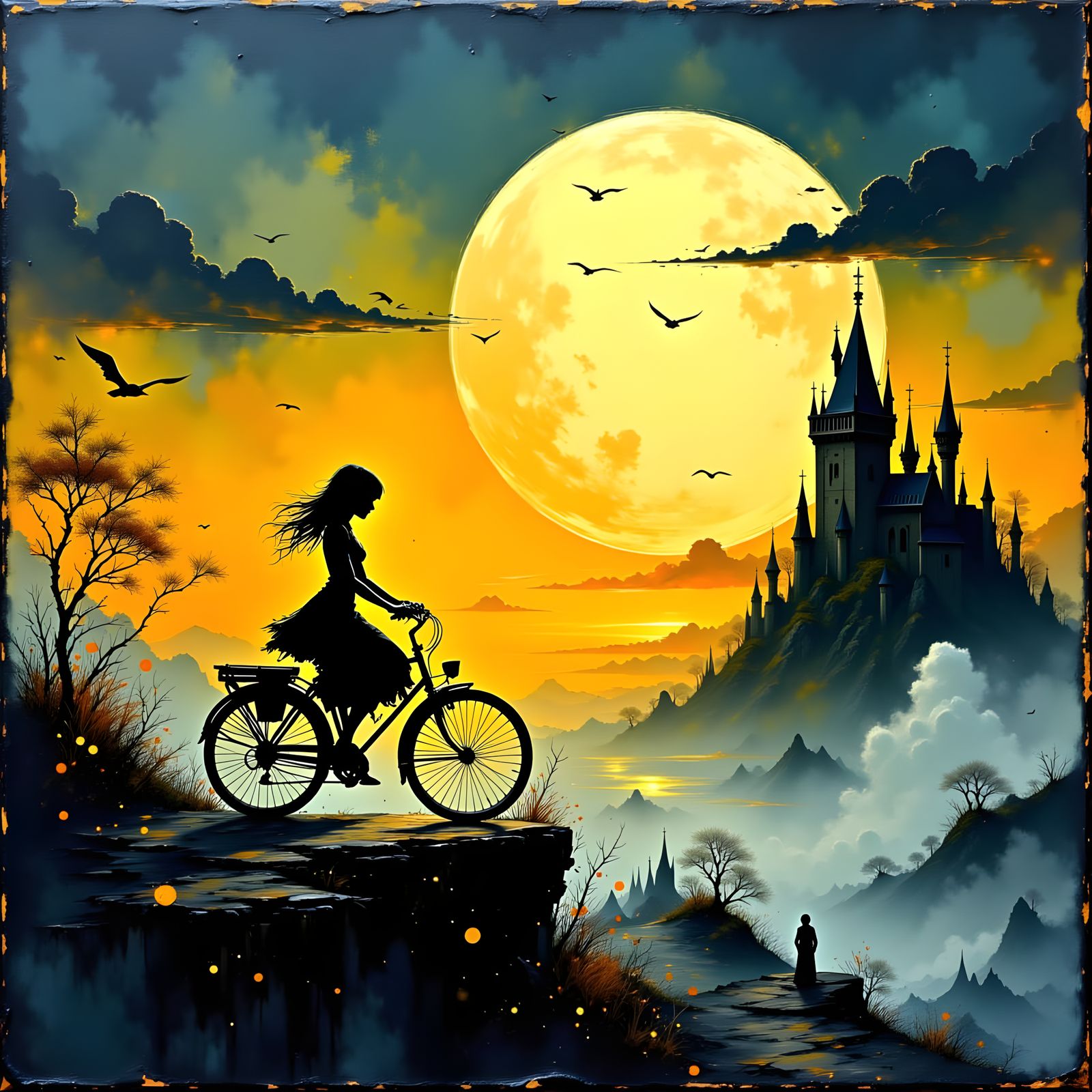 Girl on Bicycle at Twilight, Impasto Oil Painting