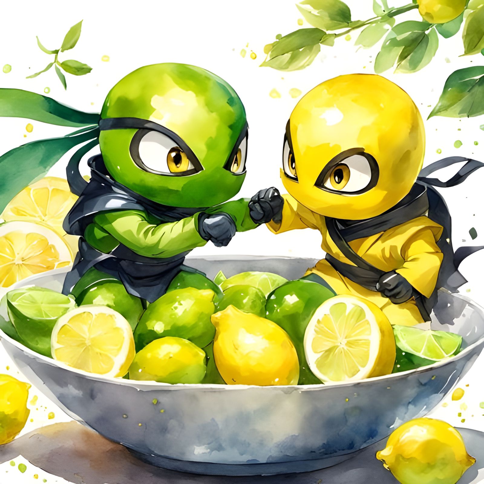Lemon vs Lime Ninja Fight: Watercolor Anime Art
