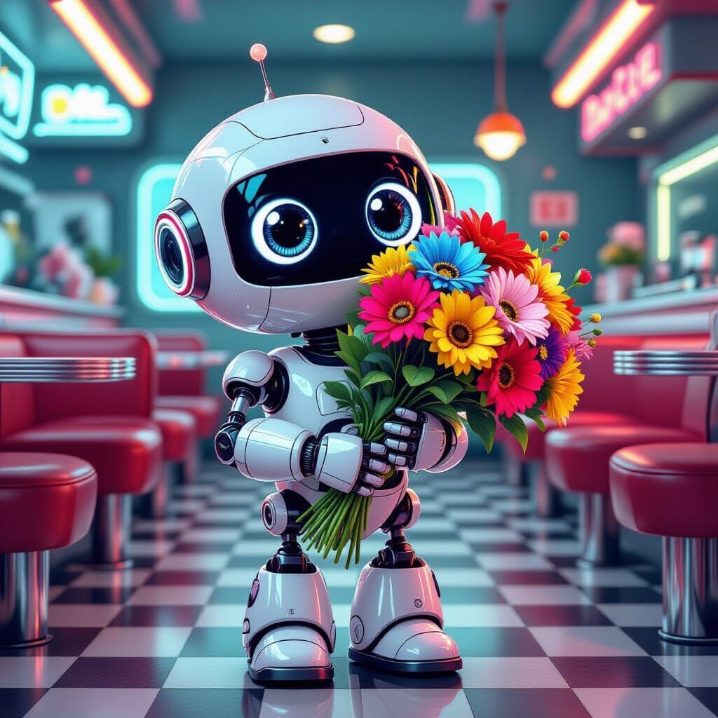 Cute Robot Delivers Flowers in Retro Diner