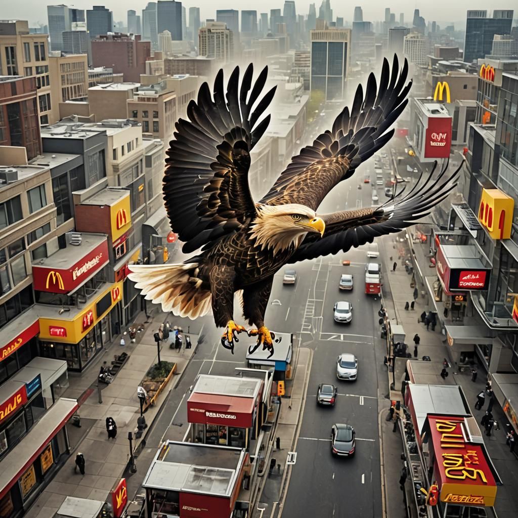 Eagle Soaring Above McDonald's: Hyperrealistic Double Exposu...