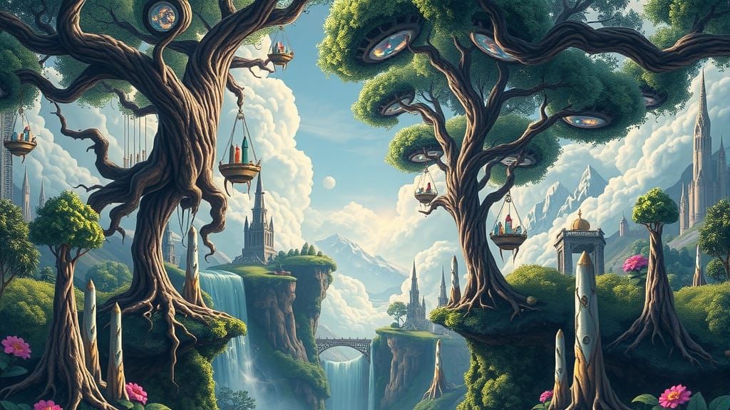 Surrealist Op-Art Masterpiece: Trees Defy Gravity in Intrica...