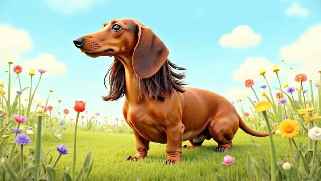 Dachshund in Meadow, Beatrix Potter Style