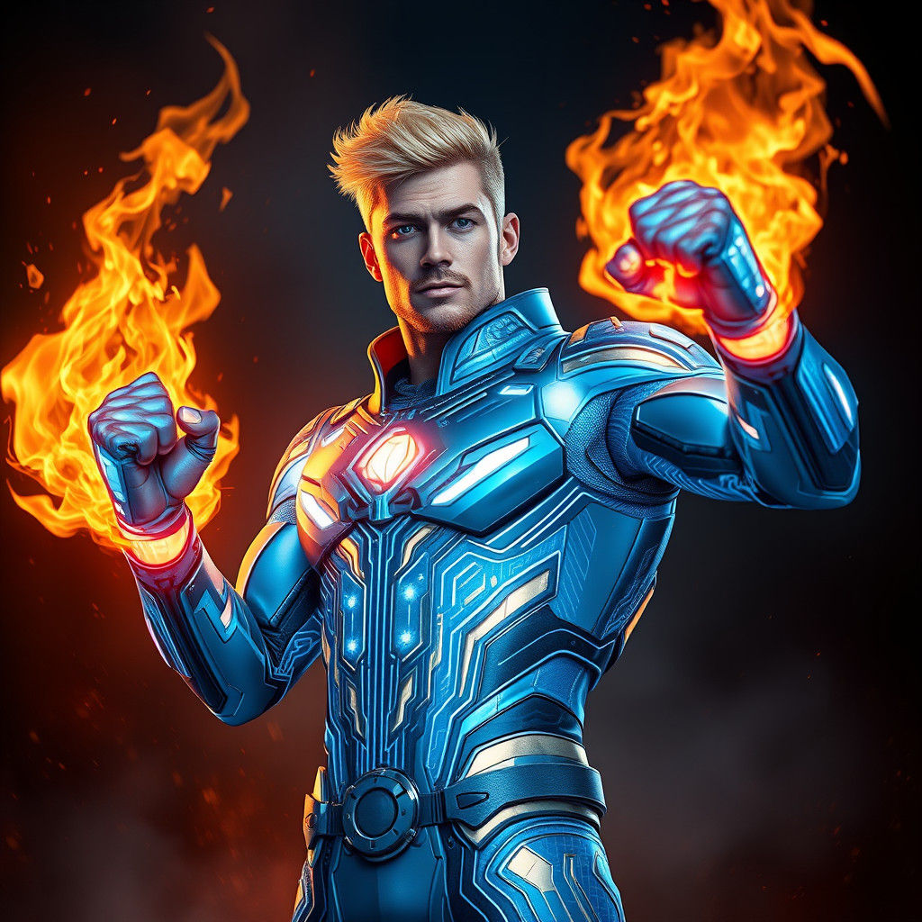 Flame-Wielding Superhero in Glowing Blue Suit