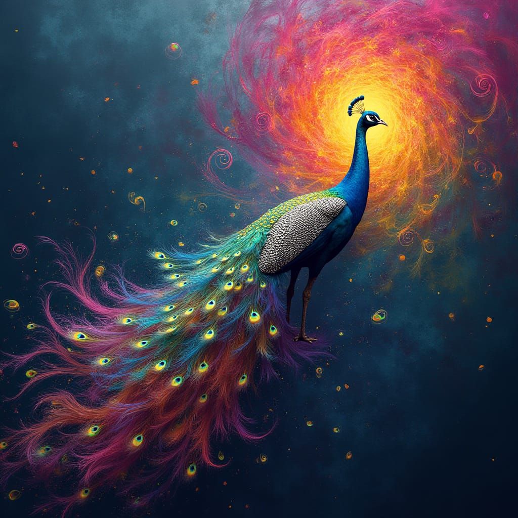Vibrant, Dreamlike Peacock in Kaleidoscope of Colors