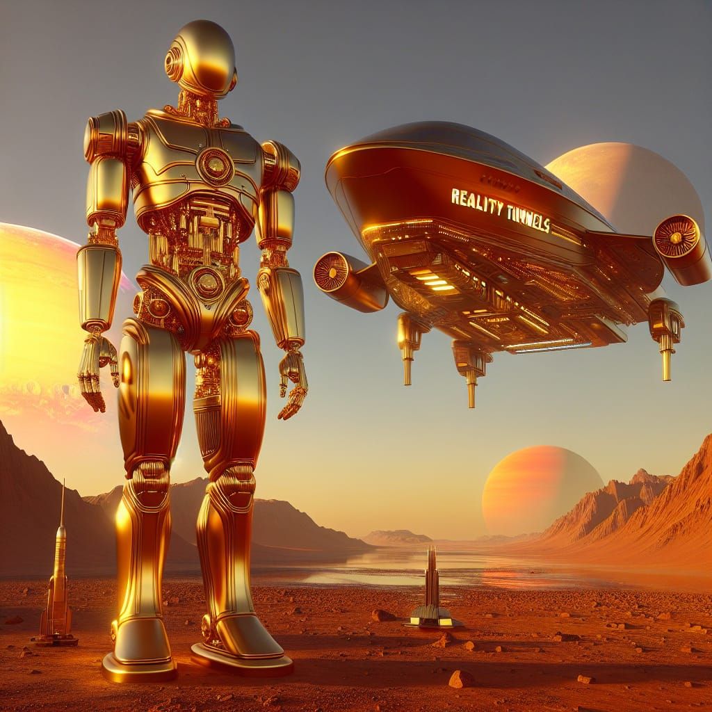 Golden Robot on Mars with Retro Spaceship
