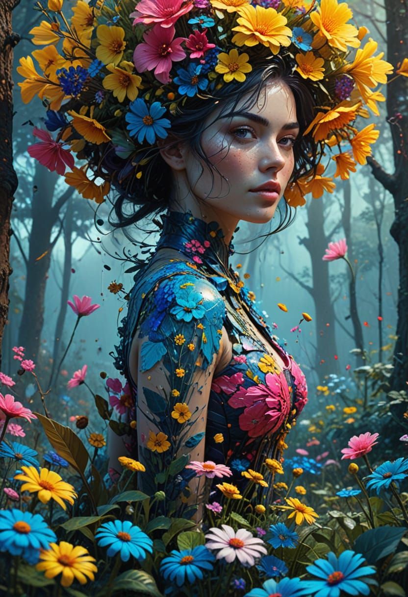 Vibrant Pop Art Portrait in a Surreal Forest