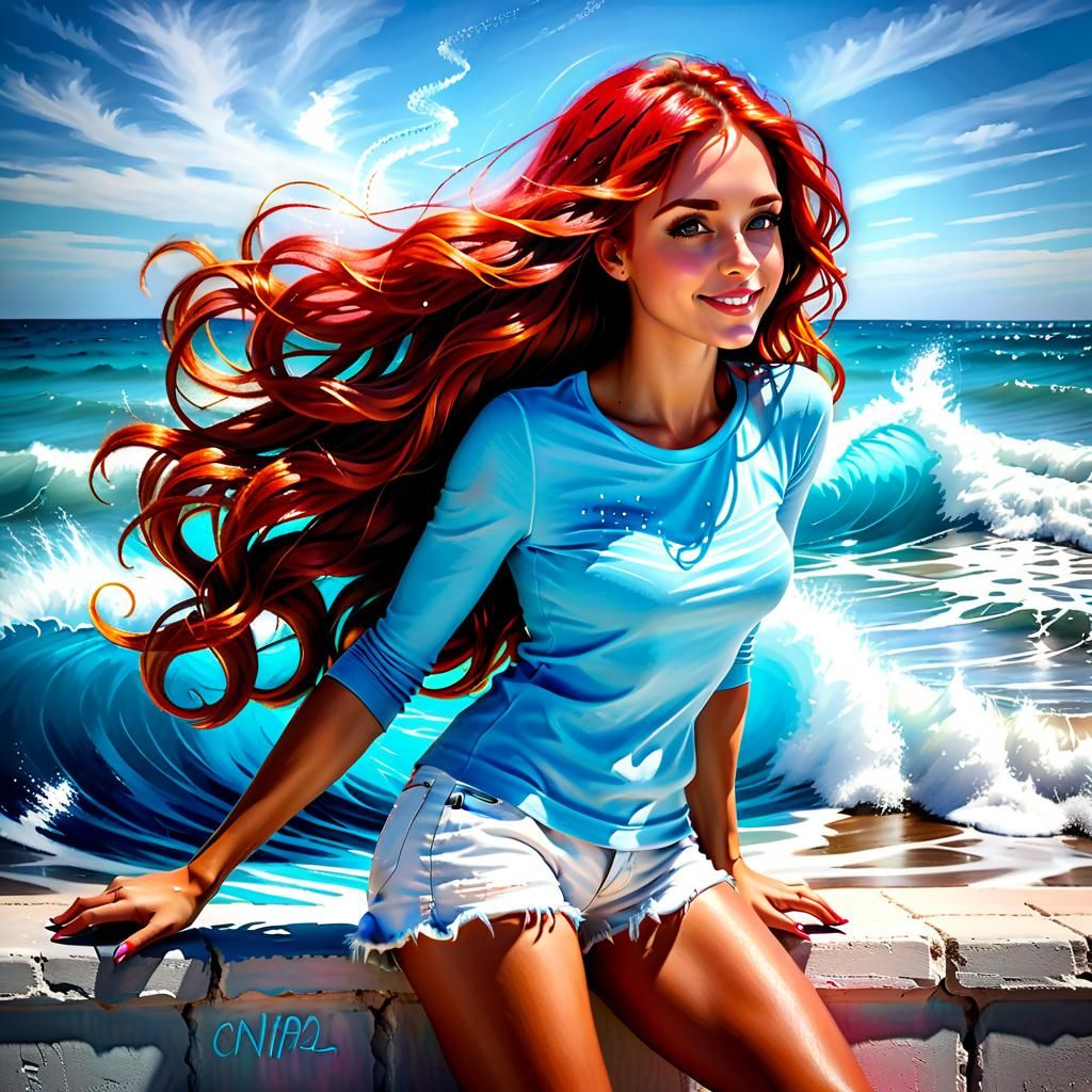 Beautiful Woman with Red Hair Chalk Art