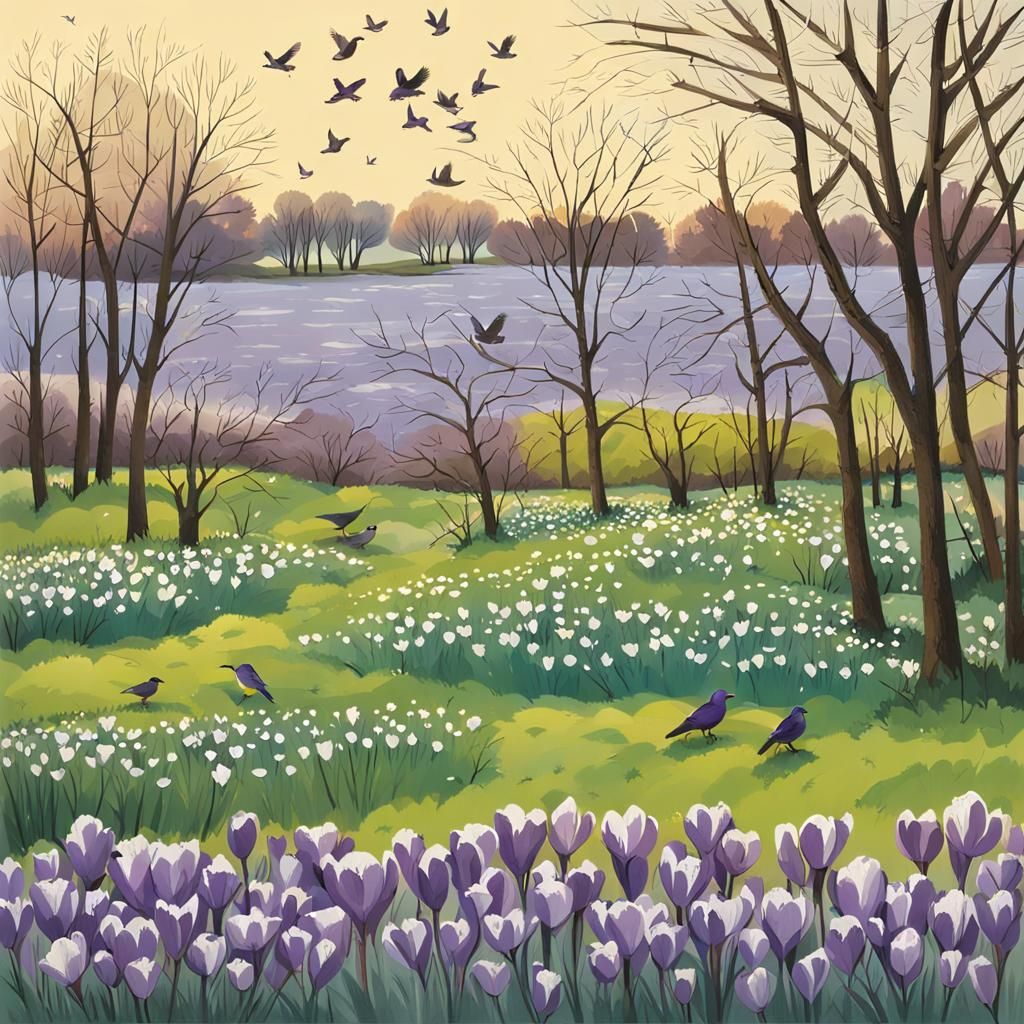 Spring Birds Over Crocus Flowers in Minnesota