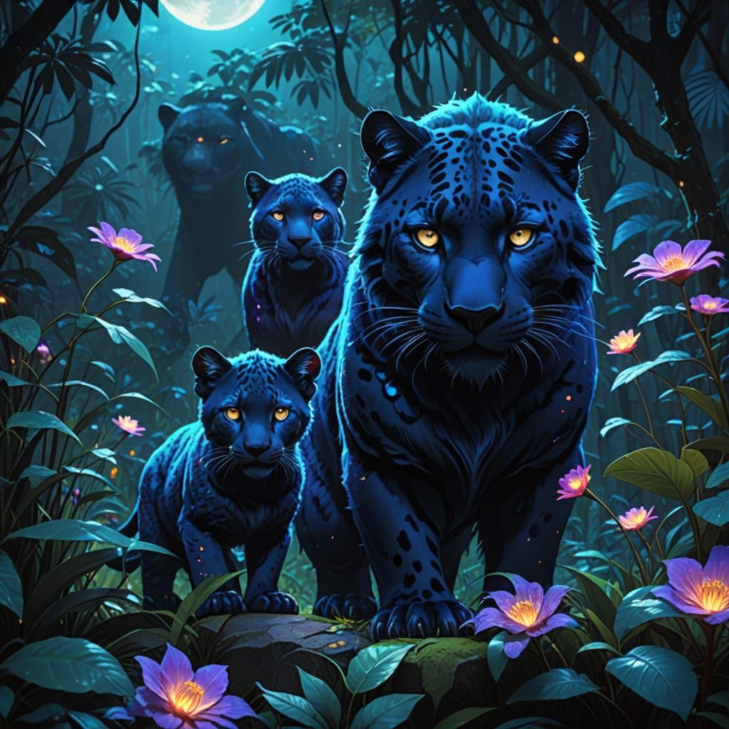 Fluffy Blue Panthers in Moonlit Jungle, Klimt-like Art