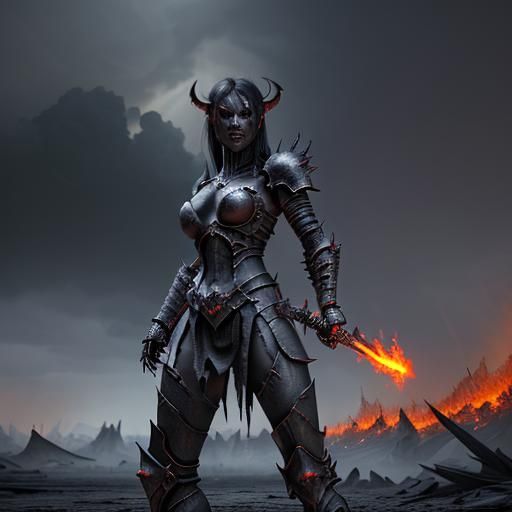 Fiery Demon Warrior in Post-Apocalyptic Hellscape