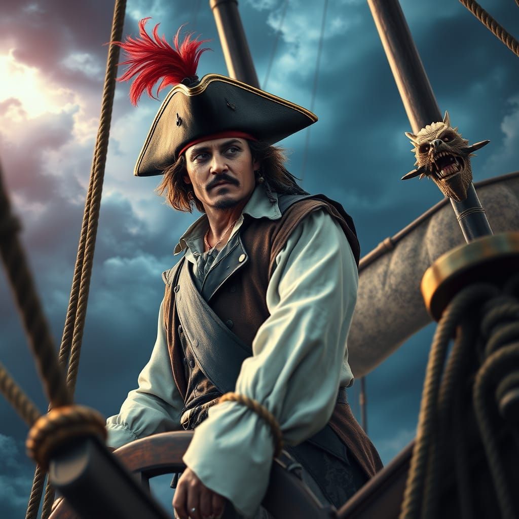 Pirate Captain on Majestic Ship in Stormy Skies