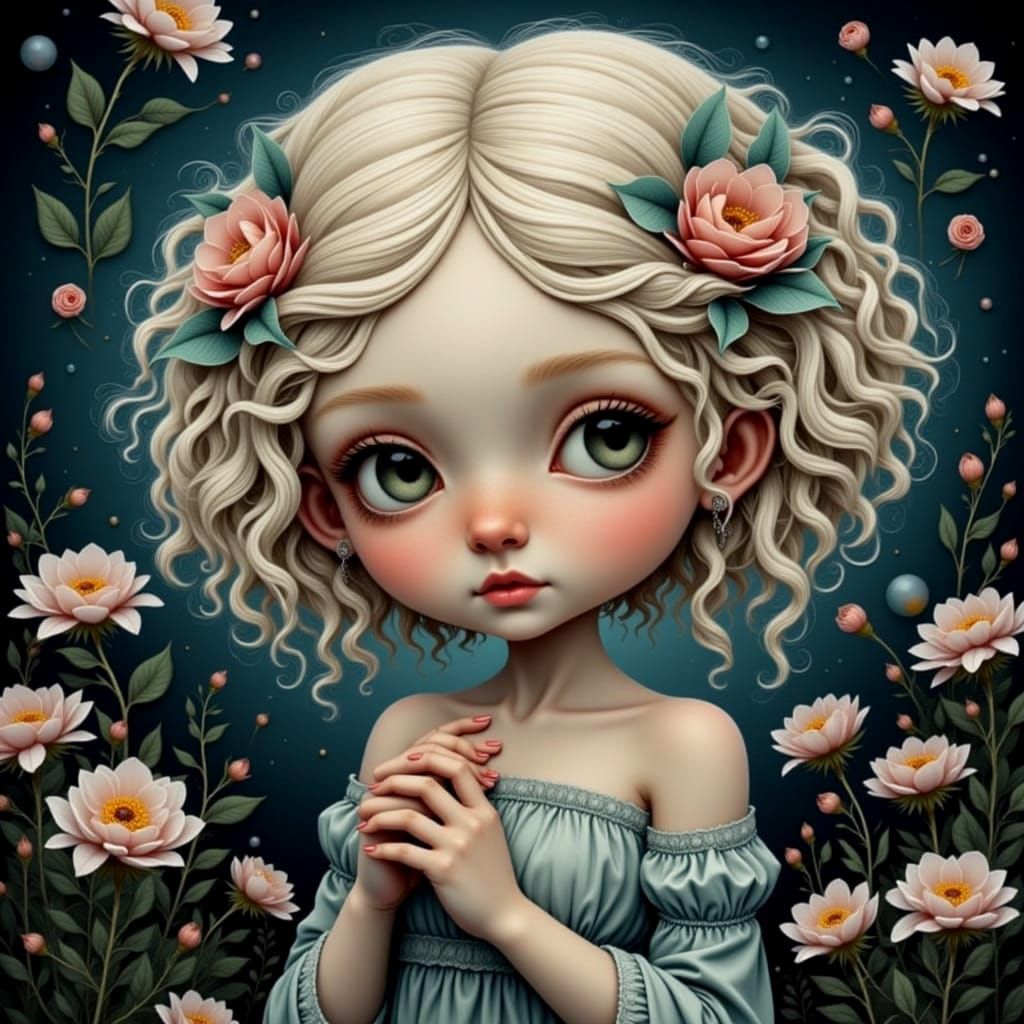 Whimsical Mixed Media Portrait of a Tiny Blonde Kissing