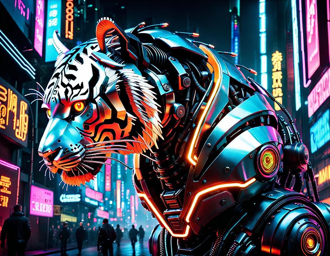Cyberpunk Robotic Tiger with Glowing Eyes