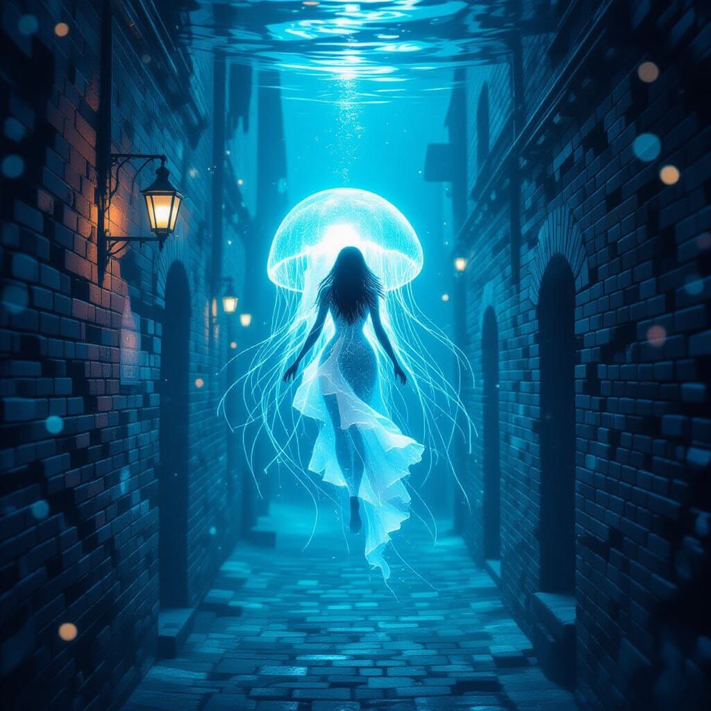 Ethereal Bioluminescent Woman in Underwater Alley