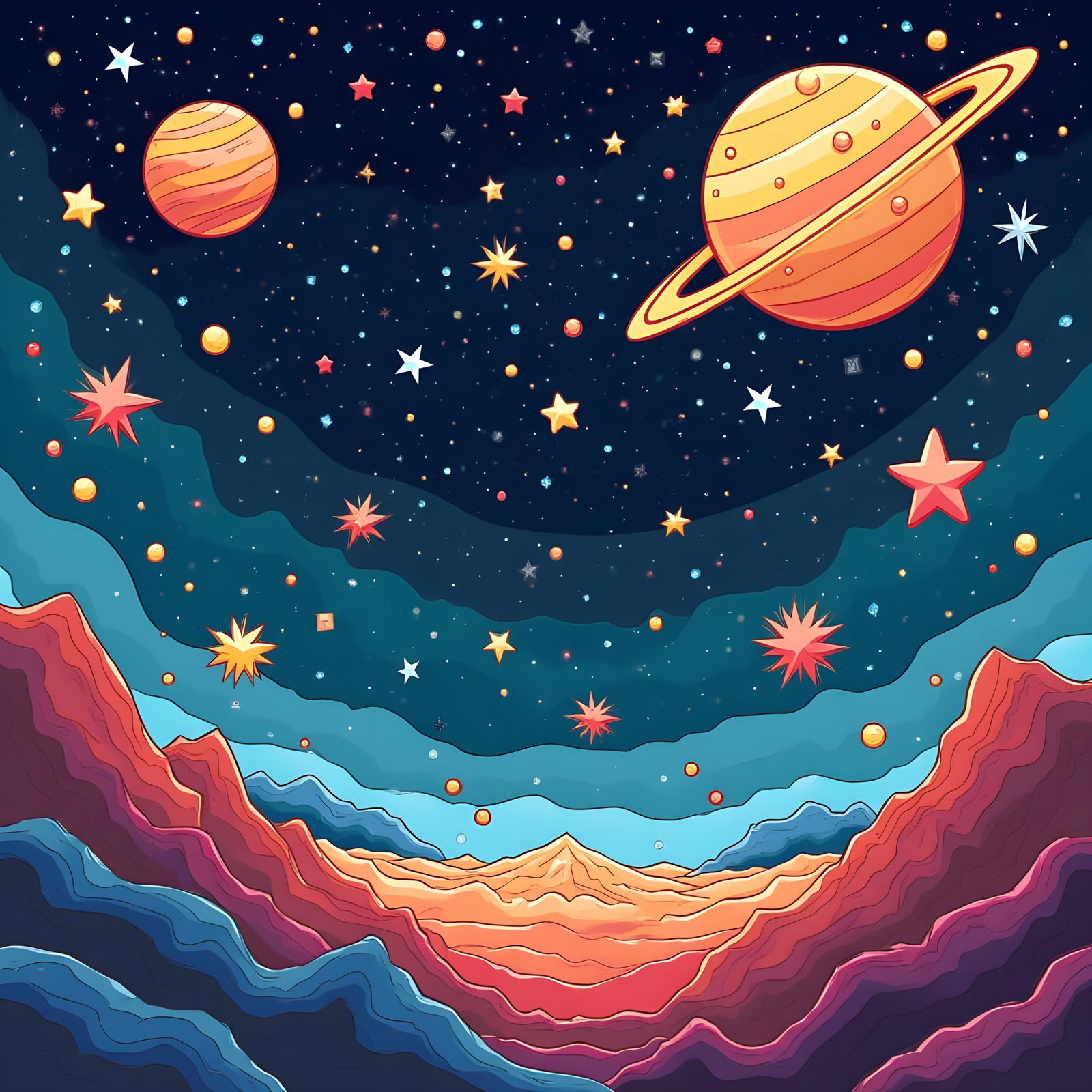 Cartoon Space Scene with Planets and Galaxies
