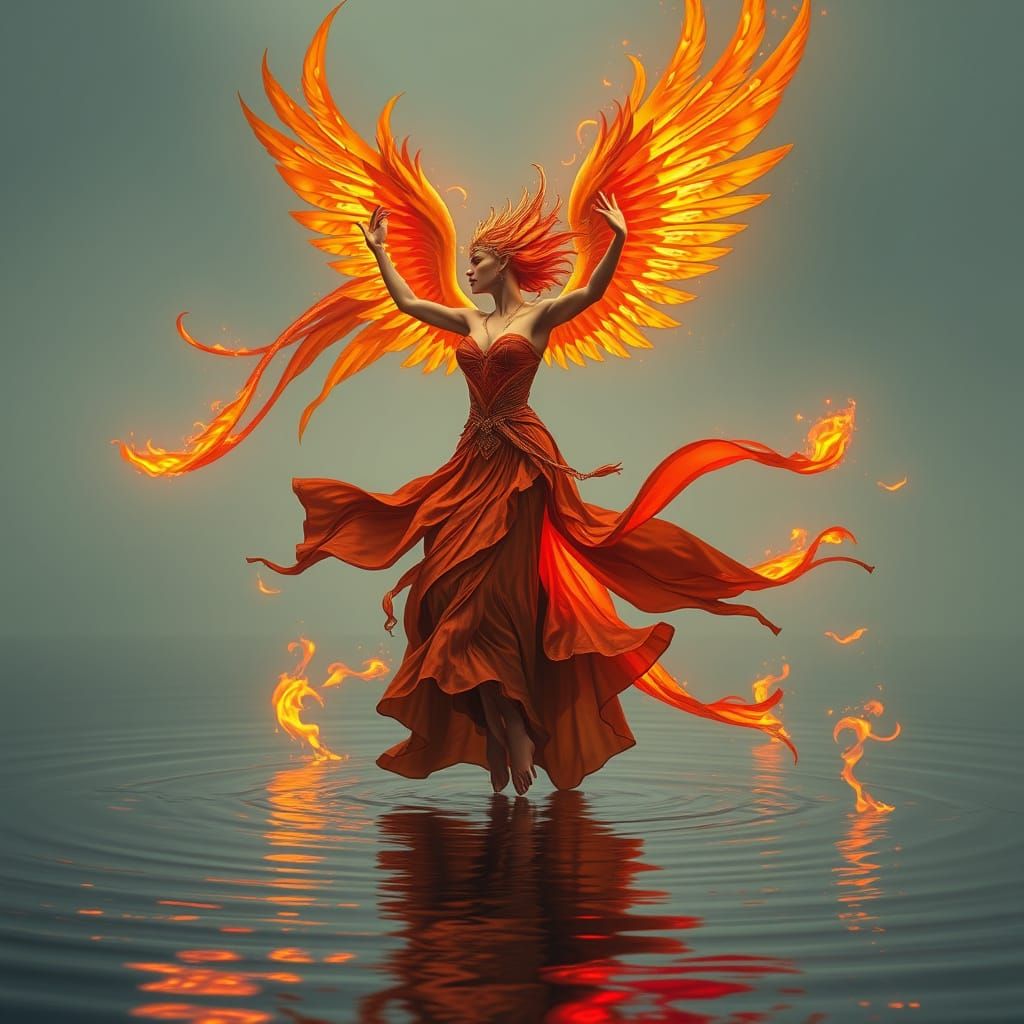 Phoenix Queen Dancing on Water with Fire Wings