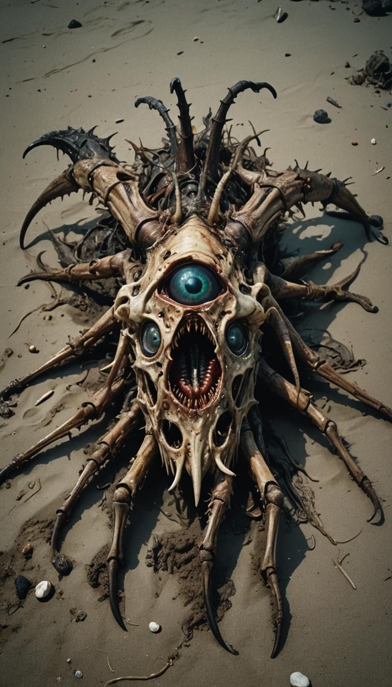Hyperrealistic Insectoid Carcass on Beach at Night