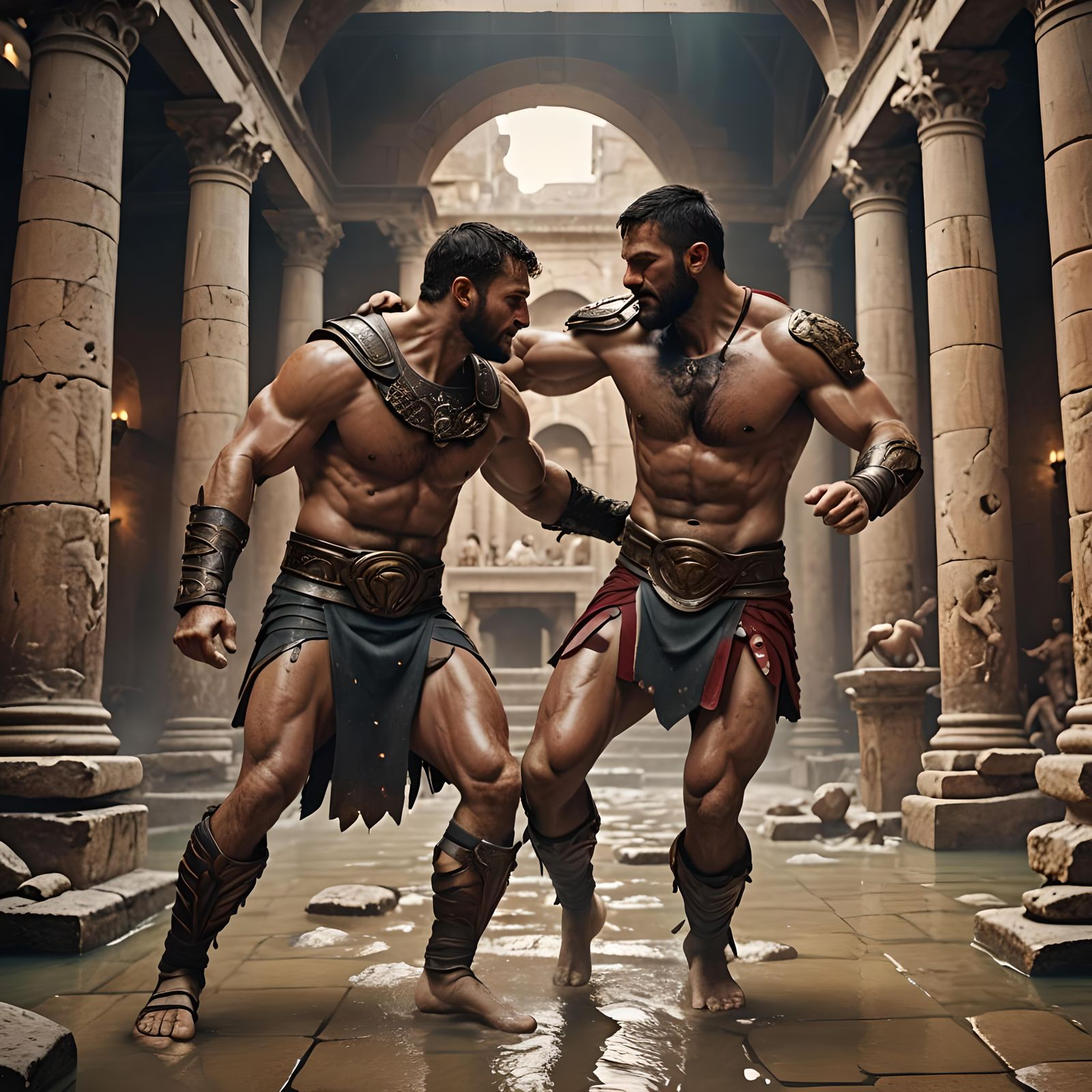 Gladiators Wrestling in Ancient Roman Baths: Detailed Digita...