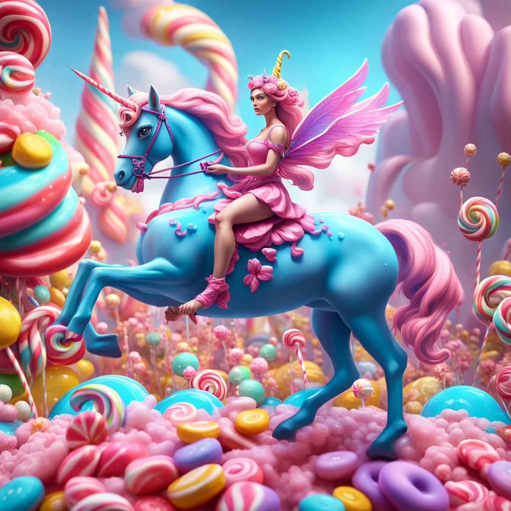 Candy Fairy Rides Unicorn in Candyland