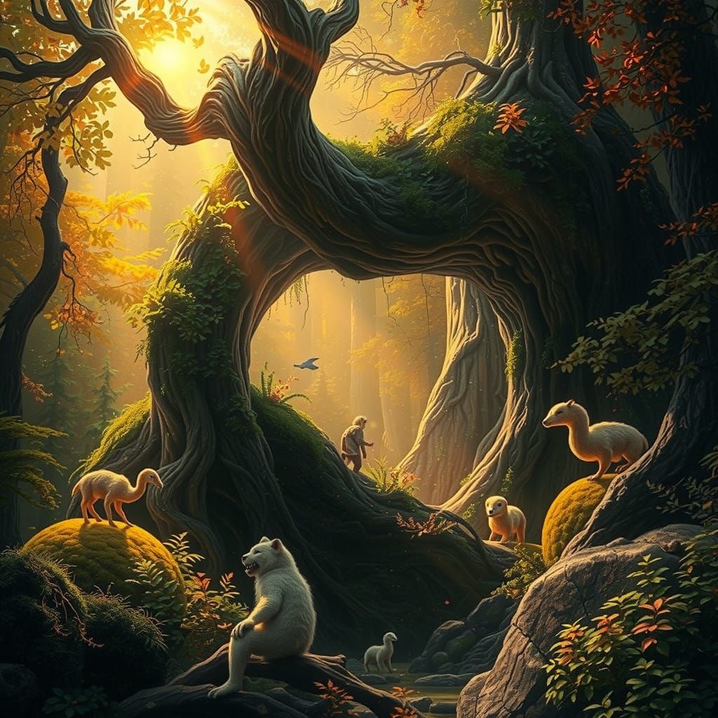 Surreal Forest Birth Scene in Dreamlike Matte Painting Style