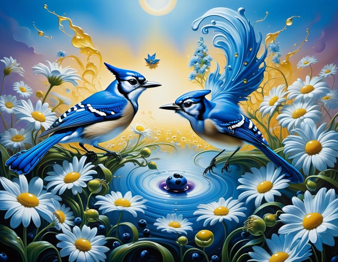 Blue Jays Emerge in Surrealist Melting Blueberry Dreamscape