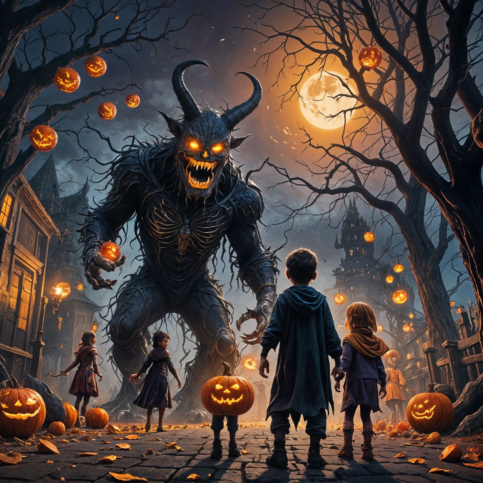 Halloween Monster Scaring Children: Detailed Matte Painting