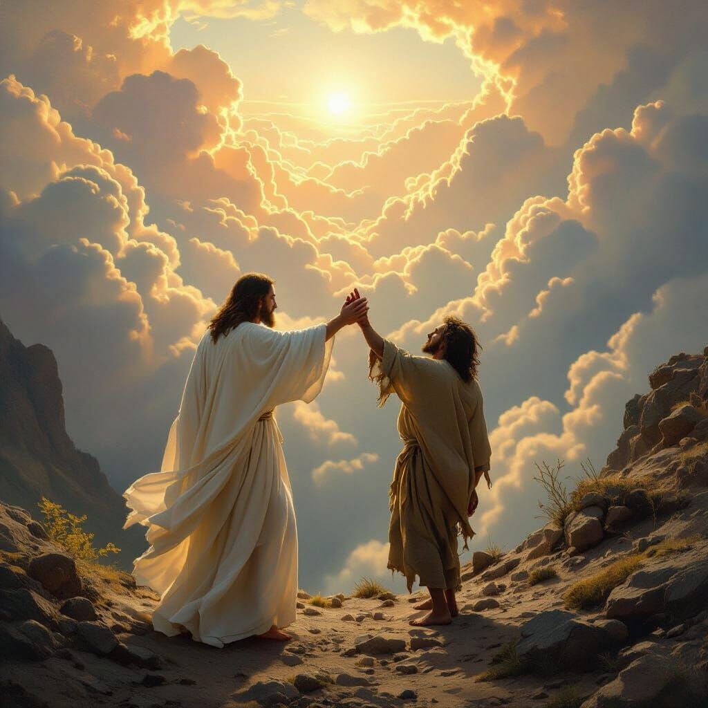 Jesus Uplifts Man to Heaven in Dreamlike Landscape