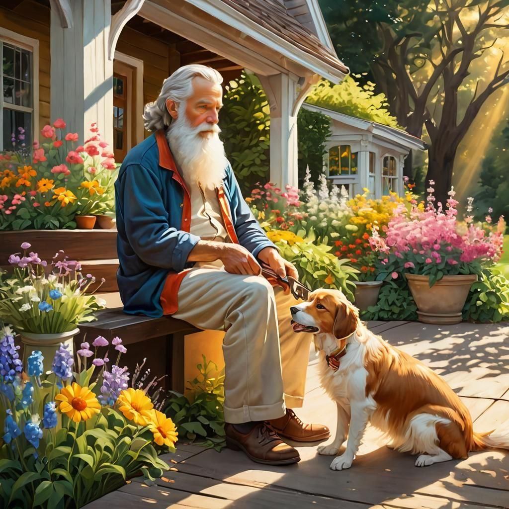 Steampunk Old Man and Dog in Flower Garden