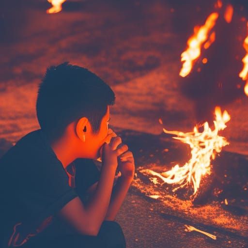 Mexican Teenage Boy Surrounded by Fire, Professional Photogr...