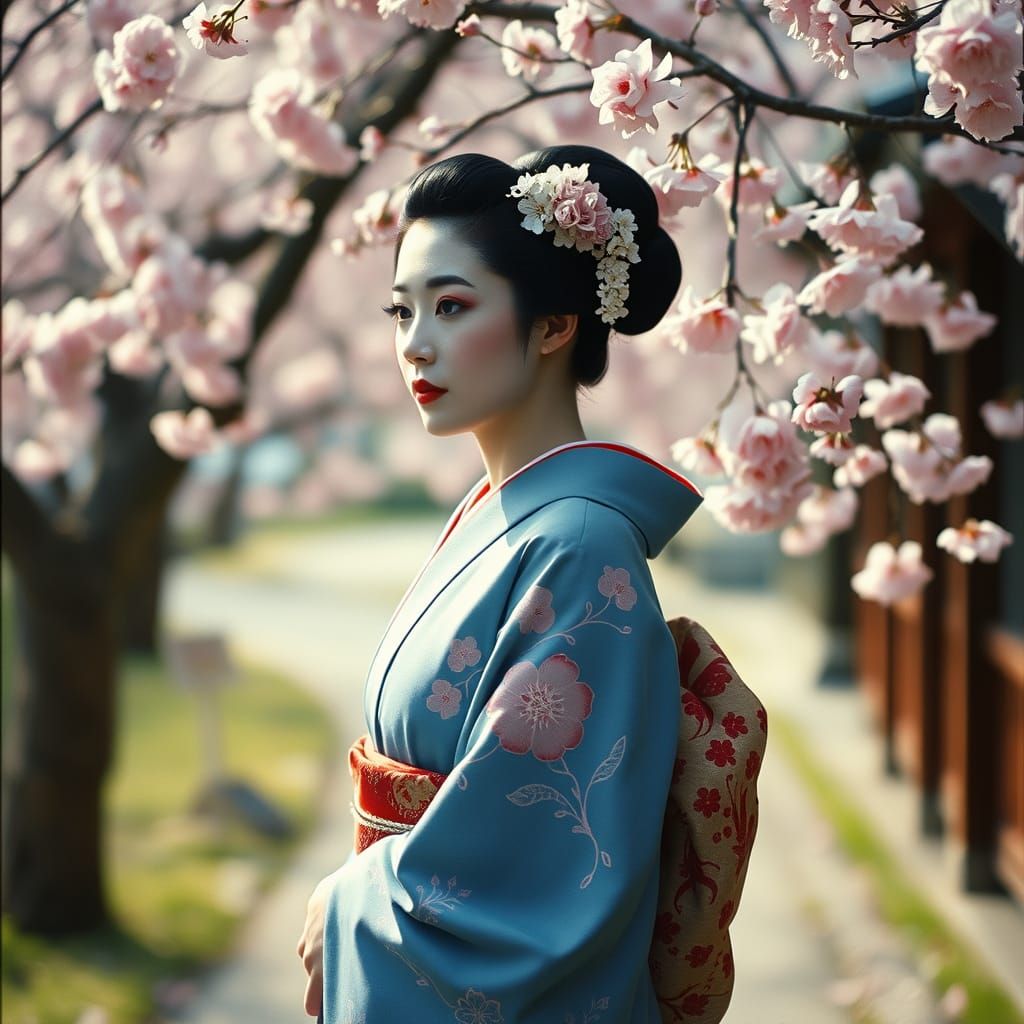 Traditional Geisha in Whimsical Cherry Blossom Landscape