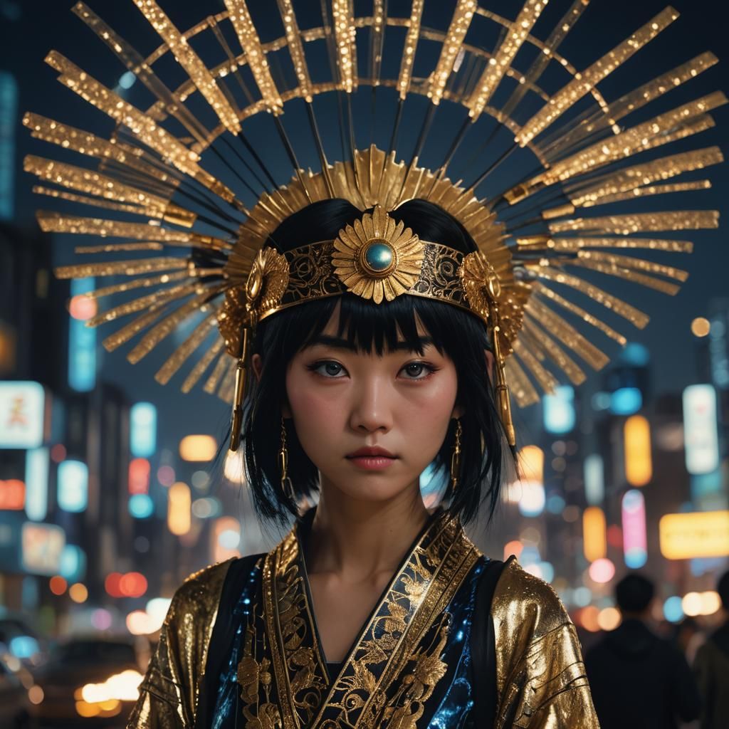 Japanese Woman with Golden Headdress in Cityscape