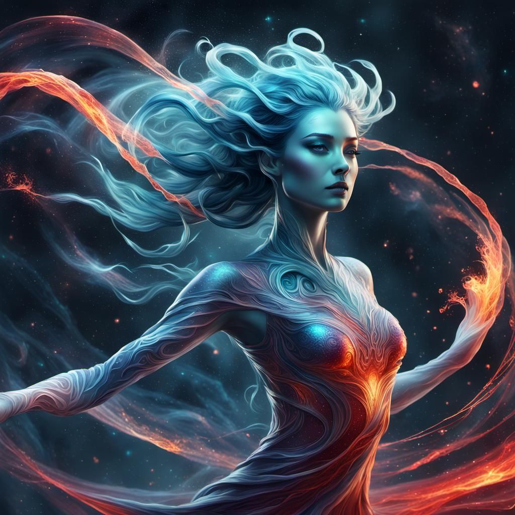 Humanoid Wind Elemental in Surreal Cosmic Scene