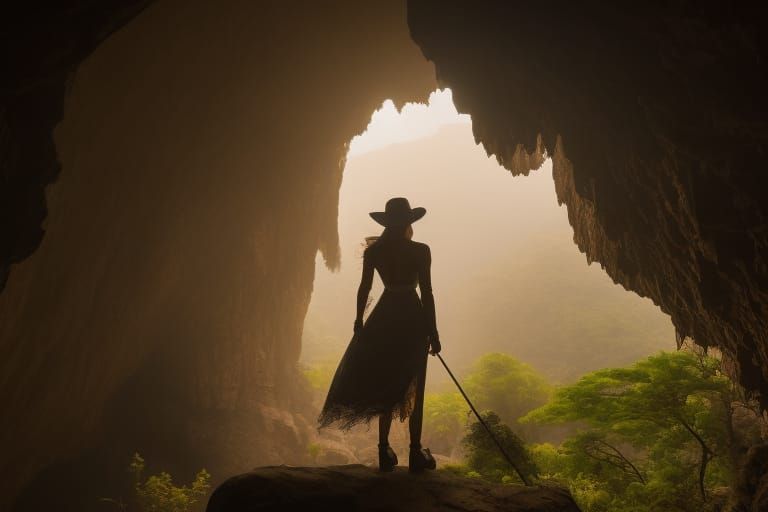 Woman at Cave Exit: Epic Cinematic Digital Painting